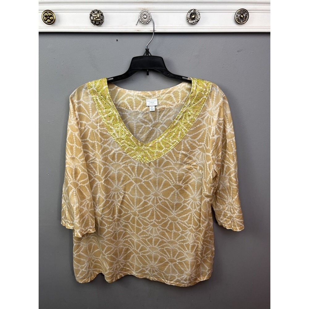 Calypso St Barth for Target Womens‎ XL Tan White Sequin V-Neck Cotton Tunic Top